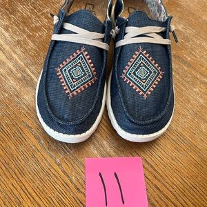 Hey Dude Navy Slip-On Flats with Peach & Aqua Embroidery